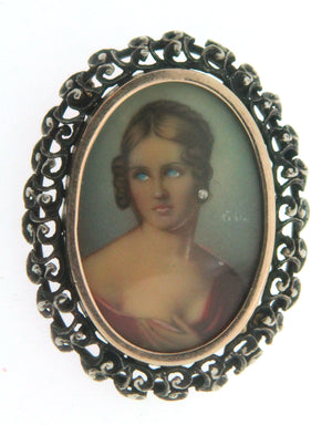 Spilla D'epoca in oro 12 kt e argento 800 d'epoca prima metà del 900 con miniatura gentilizia