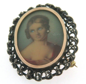 Spilla D'epoca in oro 12 kt e argento 800 d'epoca prima metà del 900 con miniatura gentilizia