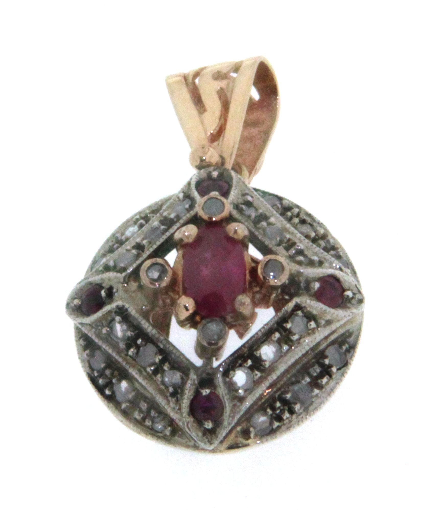 Ciondolo D'epoca in oro rosa 14 kt e argento in stile antico con rubini e diamanti (106)