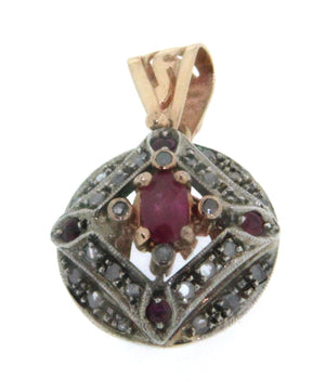 Ciondolo D'epoca in oro rosa 14 kt e argento in stile antico con rubini e diamanti (106)