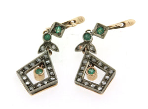 Orecchini in oro 12 kt con smeraldi e diamanti stile antico