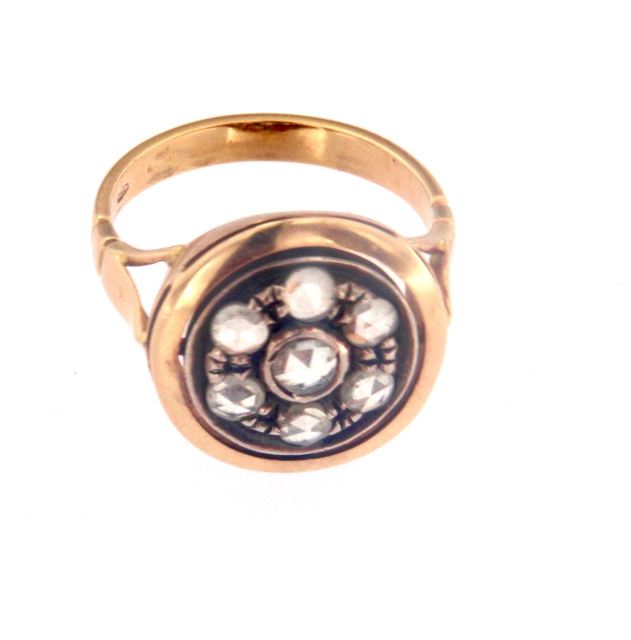 Anello in oro giallo e argento stile antico con rosette