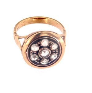 Anello in oro giallo e argento stile antico con rosette