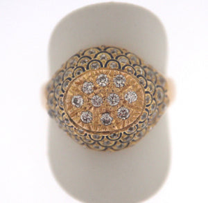 Anello oro 18kt. con contorno di diamanti taglio grezzo, con smalti blu. Usato (