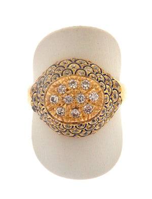 Anello oro 18kt. con contorno di diamanti taglio grezzo, con smalti blu. Usato (