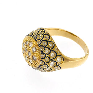 Anello oro 18kt. con contorno di diamanti taglio grezzo, con smalti blu. Usato (