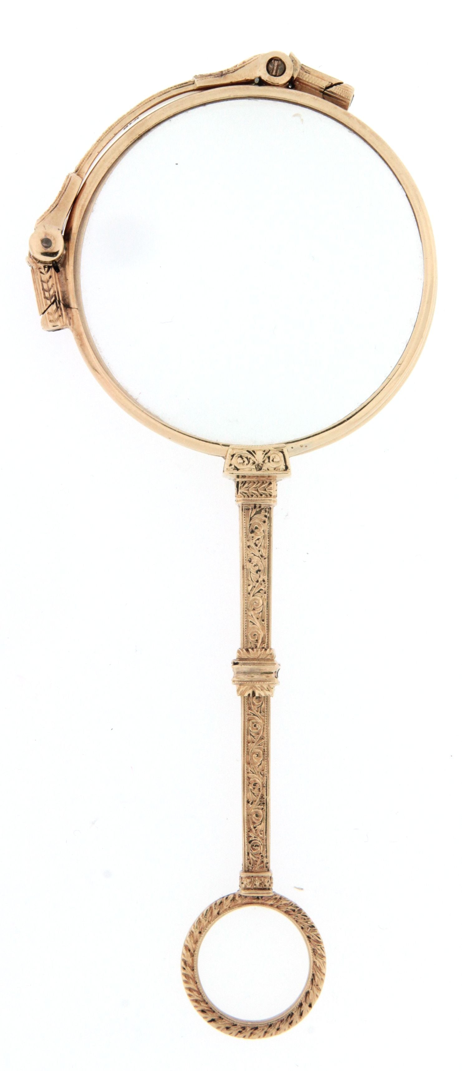 Occhialino pieghevole, lorgnette d'epoca, metà '800, con cornice, maniglia decorativa e anello di base in oro 18 kt. Lenti per lettura.