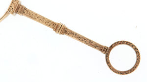 Occhialino pieghevole, lorgnette d'epoca, metà '800, con cornice, maniglia decorativa e anello di base in oro 18 kt. Lenti per lettura.