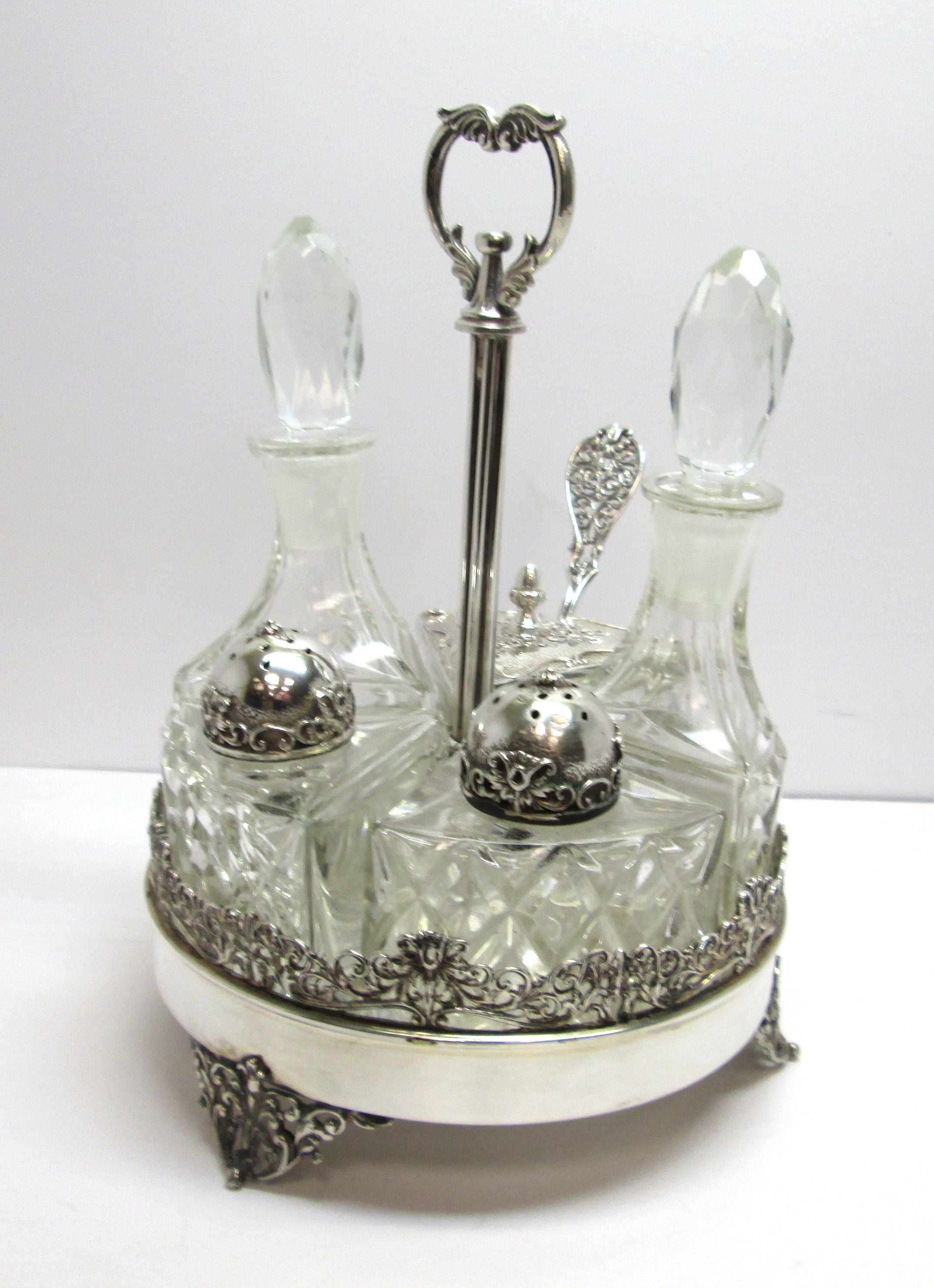 Saliera usata in argento e cristallo composta da cinque pezzi