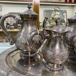 Servizio Argento 800 4 pezzi con pinza lavorazione fatta a mano sbalzo cesello e incisione anni 60