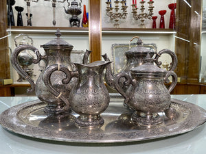 Servizio Argento 800 4 pezzi con pinza lavorazione fatta a mano sbalzo cesello e incisione anni 60