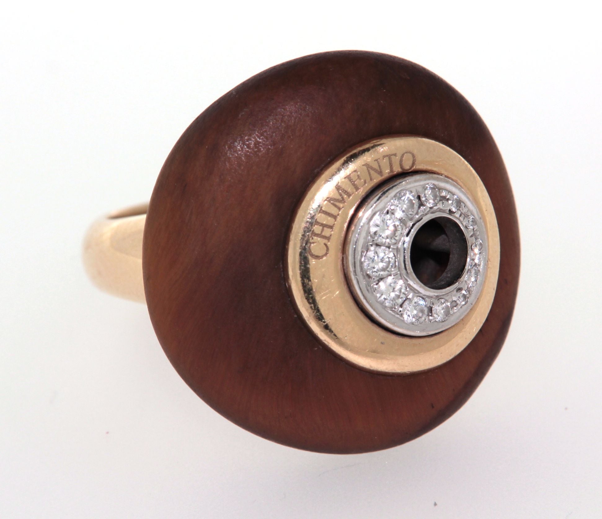 Anello Chimento in oro giallo 18 kt con diamanti e legno fossile