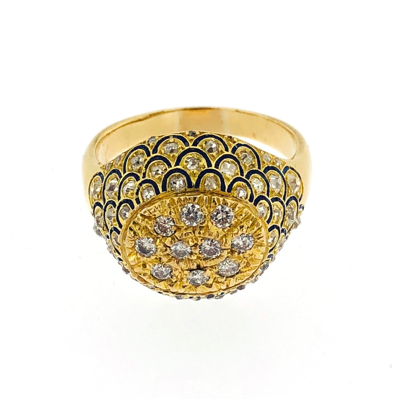 Anello oro 18kt. con contorno di diamanti taglio grezzo, con smalti blu. Usato (