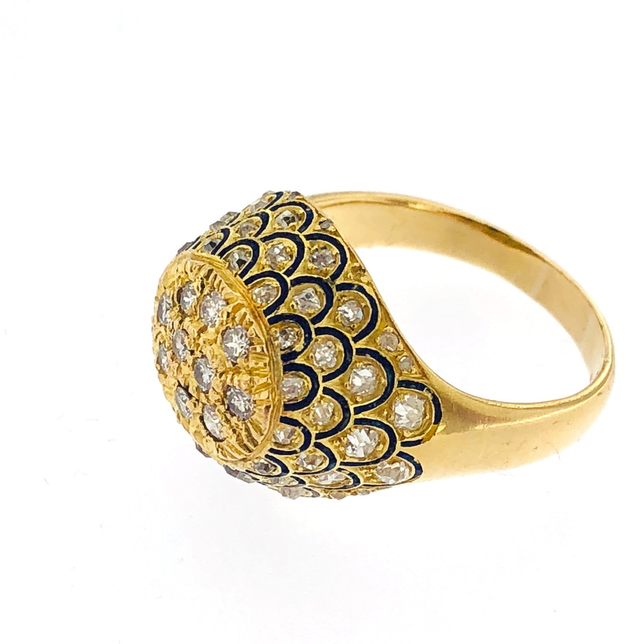 Anello oro 18kt. con contorno di diamanti taglio grezzo, con smalti blu. Usato (