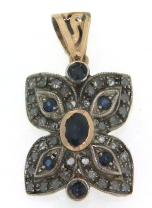 Ciondolo D'epoca in oro rosa 14 kt e argento in stile antico con zaffiri blu e diamanti  anni 50 usato