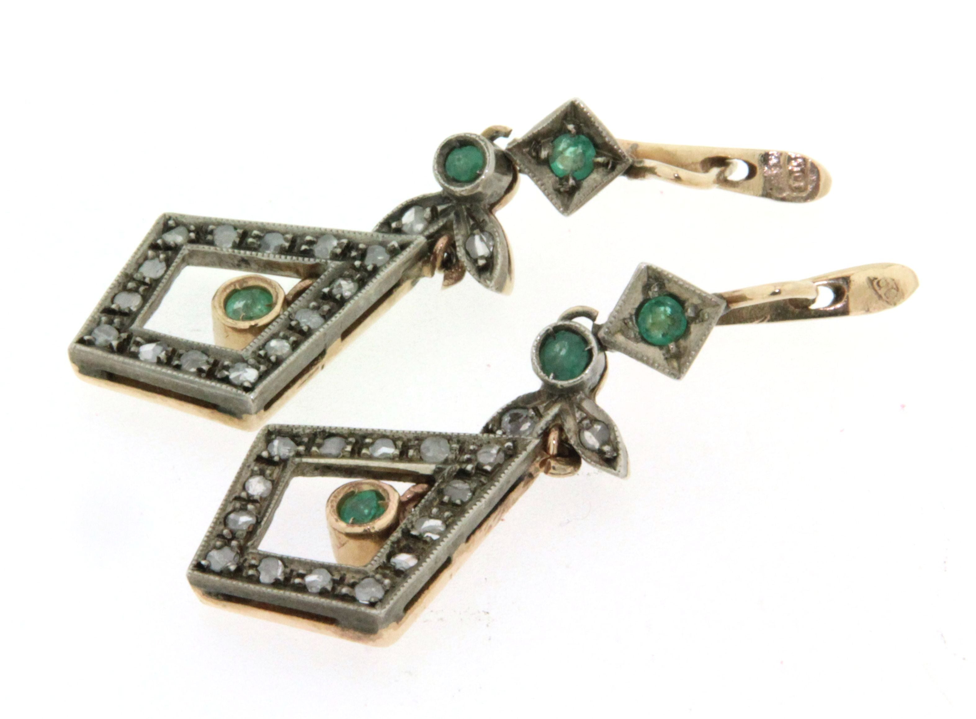 Orecchini in oro 12 kt con smeraldi e diamanti stile antico