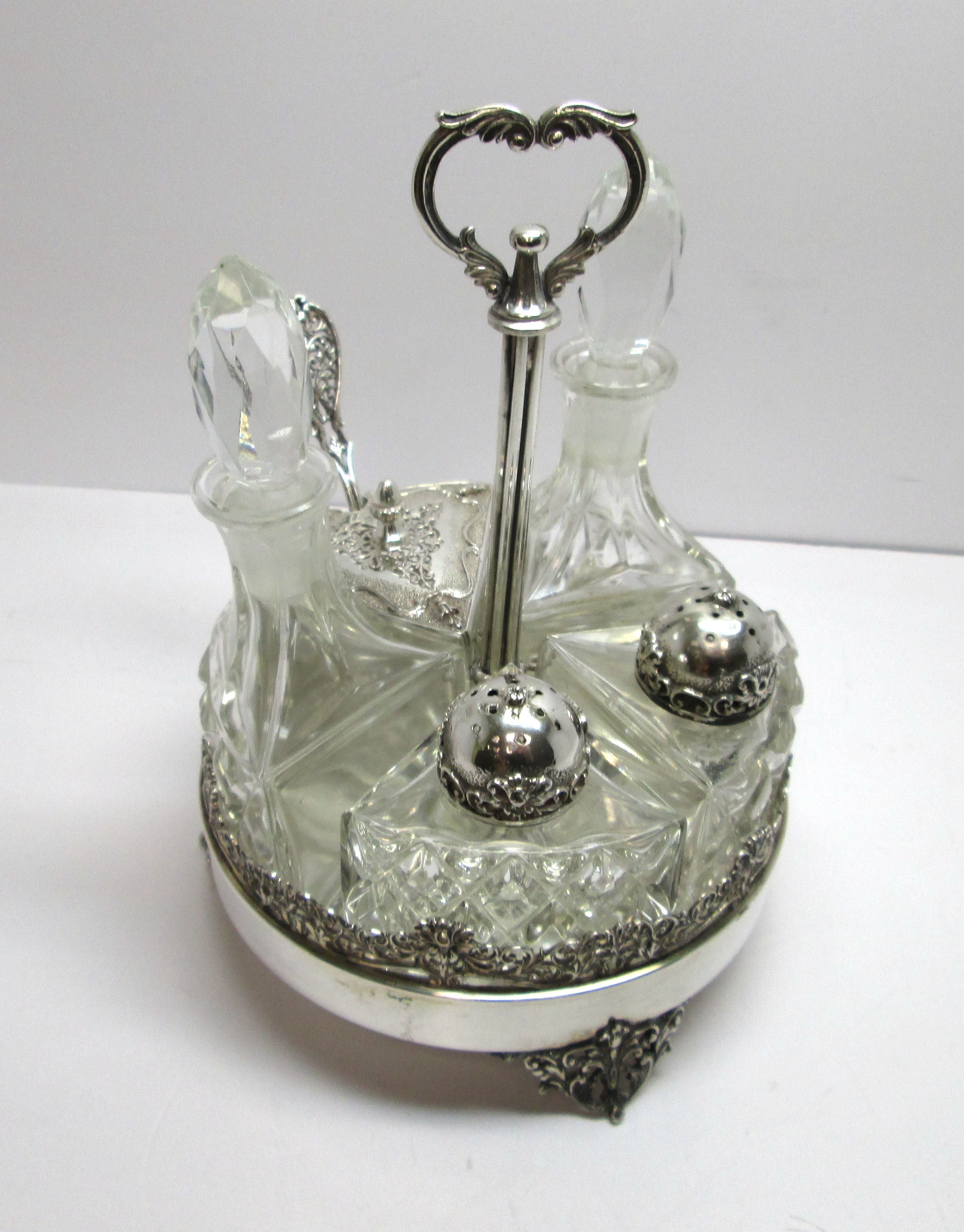 Saliera usata in argento e cristallo composta da cinque pezzi